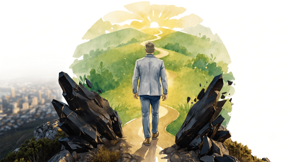 Ilustración conceptual de un hombre caminando por un sendero iluminado dejando atrás rocas oscuras, representando la liberación de cargas familiares en el Programa de Alineación Transgeneracional.