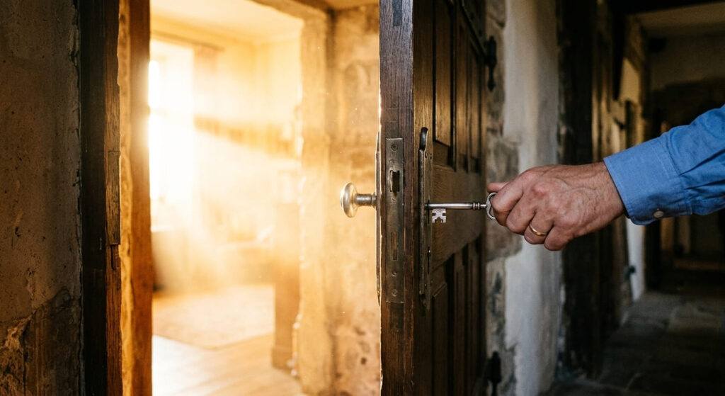 Mano girando una llave en una puerta de madera que se abre hacia la luz, representando la solución de patrones en el Programa de Transformación Sistémica de Ramón Maristany.