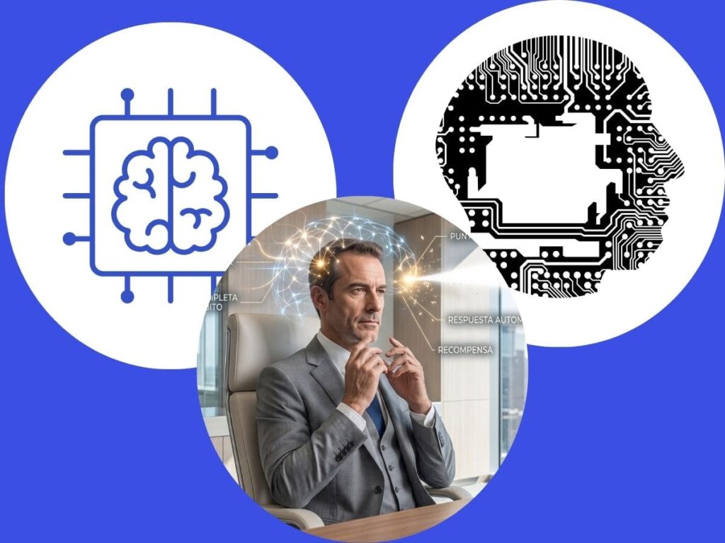 Gráfico de reconfiguración neuroconductual con circuitos cerebrales y un ejecutivo enfocado, representando el Programa de Reprogramación Neuroconductual del Método Maristany.